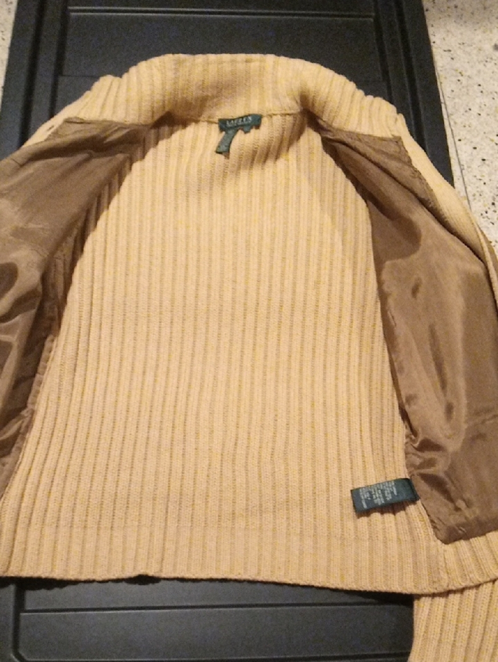 Ralph Lauren Brown Suede-Front Cardigan with Cream Ribbed Sleeves - Picture 4 of 5